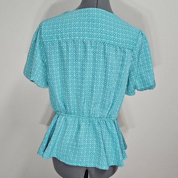 Meraki Faux Wrap Blouse Puff Sleeve Women’s Large Green Teal Geometric Pattern - Picture 3 of 10